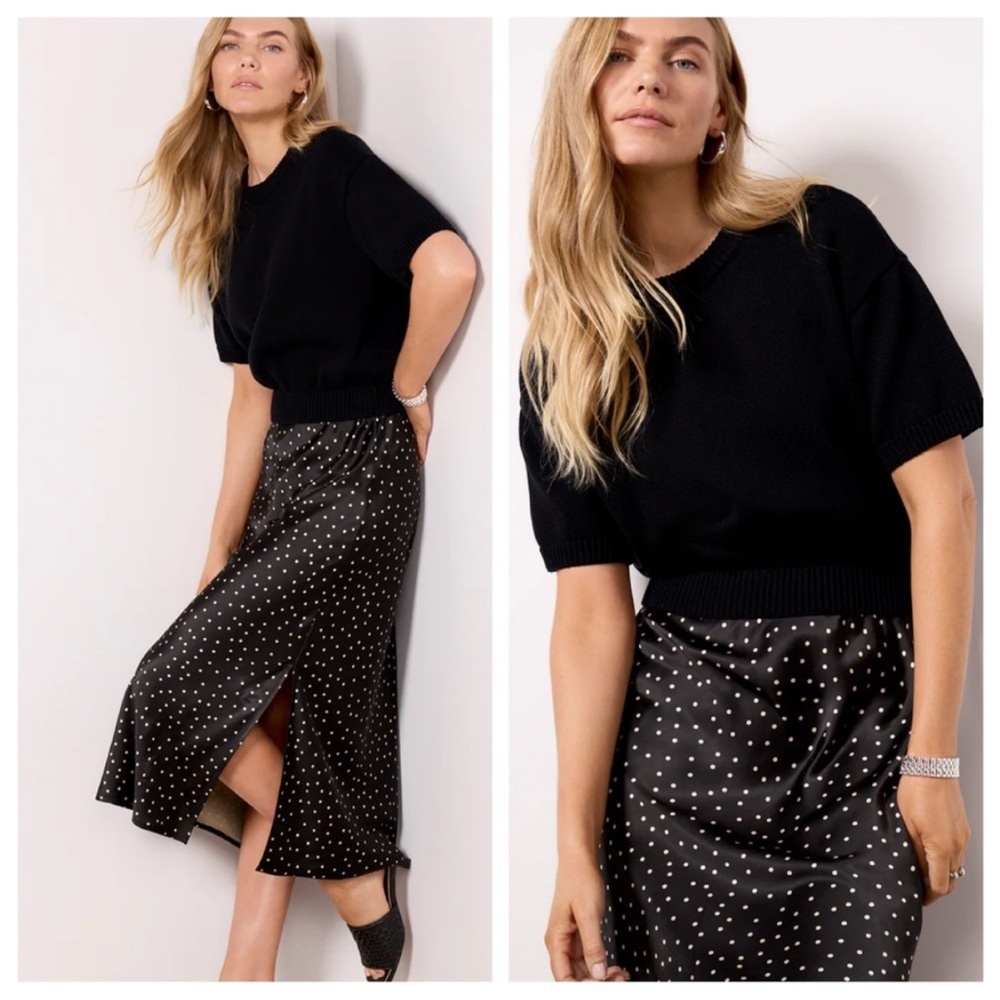 Evereve Polkadot Dress Sweater Top Satin Skirt Classic Size XS
